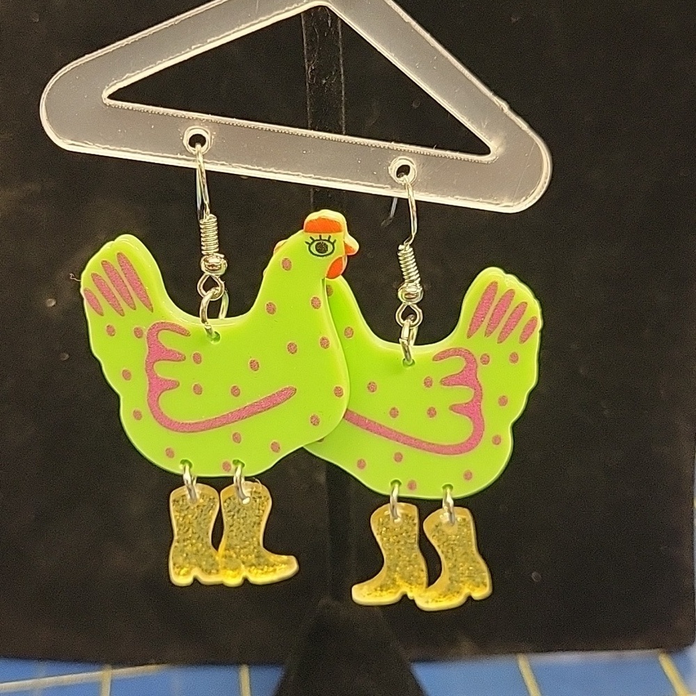 Chicken in Glitter Rainboots 2" Earrings